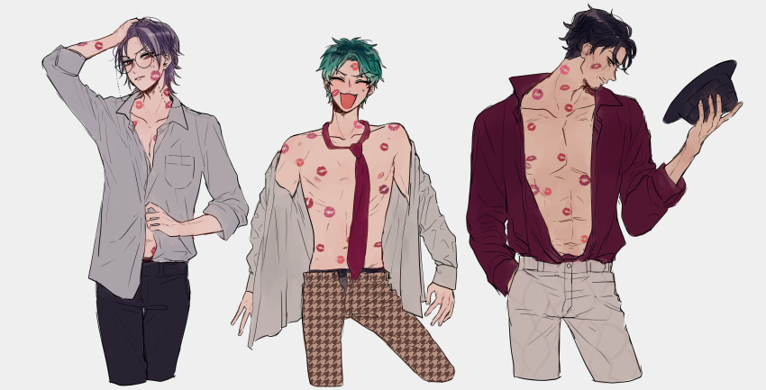 3boys :3 ^_^ abs amayado_rei aqua_hair black_hair black_pants blush breast_pocket closed_eyes collarbone collared_shirt cropped_legs curtained_hair dotsuitare_hompo eyewear_strap facial_hair facing_to_the_side grabbing_own_hair grey_eyes groin_tendon hand_in_pocket hat highres holding holding_unworn_clothes holding_unworn_hat houndstooth hypnosis_mic lipstick_mark lipstick_mark_on_arm lipstick_mark_on_cheek lipstick_mark_on_chest lipstick_mark_on_face lipstick_mark_on_forehead lipstick_mark_on_neck lipstick_mark_on_shoulder lipstick_mark_on_stomach looking_at_viewer male_underwear male_underwear_peek mature_male messy_hair multicolored_hair multiple_boys mustache navel_peek necktie nipples nurude_sasara off_shoulder open_clothes open_fly open_mouth open_pants open_shirt pale_skin pants parted_lips partially_unbuttoned pocket purple_hair red_eyes red_necktie ribs round_eyewear scar scar_across_eye scar_on_face shirt shirt_partially_tucked_in short_hair skinny sleeves_rolled_up streaked_hair sweatdrop tsutsujimori_rosho underwear unworn_hat unworn_headwear v-shaped_eyebrows wavy_hair white_background white_pants white_shirt zy_(dondokodo-mu)