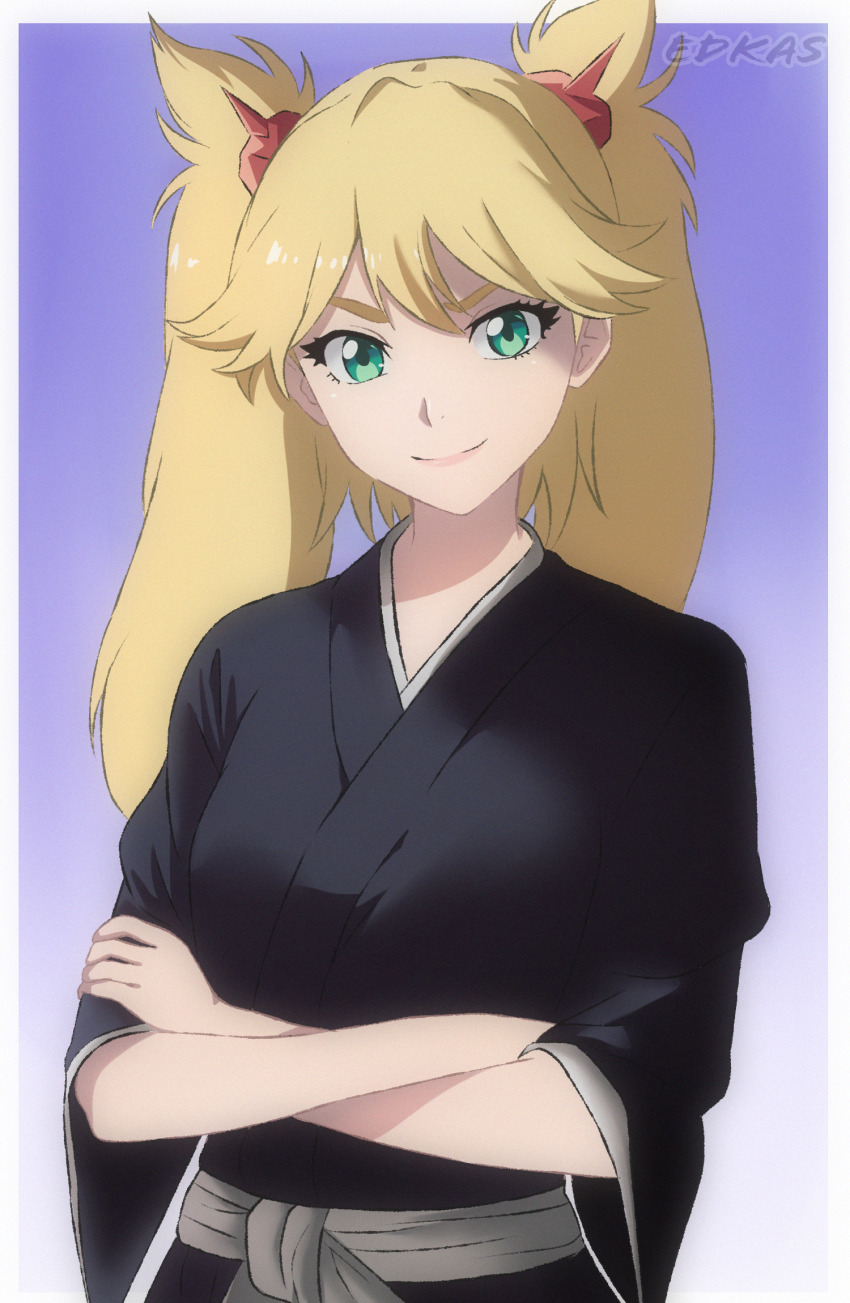 1girl alternate_costume bleach blonde_hair breasts burn_the_witch cosplay crossed_arms edkas green_eyes hair_ornament hakama highres japanese_clothes kuchiki_rukia_(cosplay) looking_at_viewer medium_breasts ninny_spangcole self-upload shihakusho solo source_request twintails