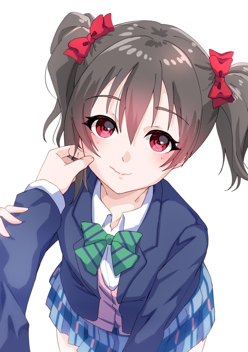 1girl absurdres black_hair blue_jacket blue_skirt bow cheek_pinching commentary_request green_ribbon hair_bow hand_on_another&#039;s_cheek hand_on_another&#039;s_face highres jacket kobayashi_nyoromichi long_sleeves looking_at_viewer love_live! love_live!_school_idol_project neck_ribbon otonokizaka_school_uniform pinching pov red_bow red_eyes ribbon school_uniform shirt skirt twintails white_background white_shirt yazawa_nico