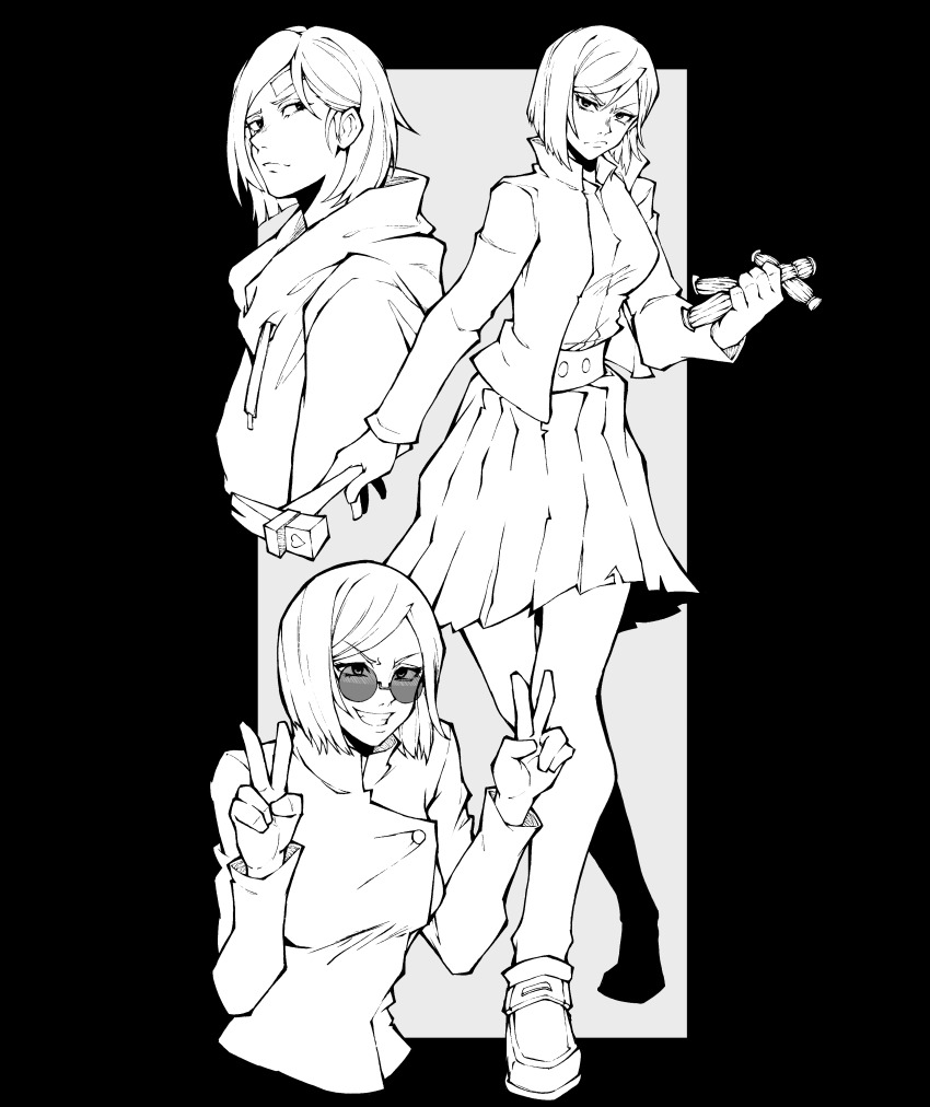 1girl absurdres bandaid bandaid_on_face bob_cut breasts claw_hammer collared_jacket double_v greyscale grimace hammer highres holding holding_hammer hood hood_down hoodie jacket jujutsu_kaisen jujutsu_tech_uniform kekel kugisaki_nobara medium_breasts medium_hair monochrome pantyhose shirt skirt smile sunglasses v voodoo_doll