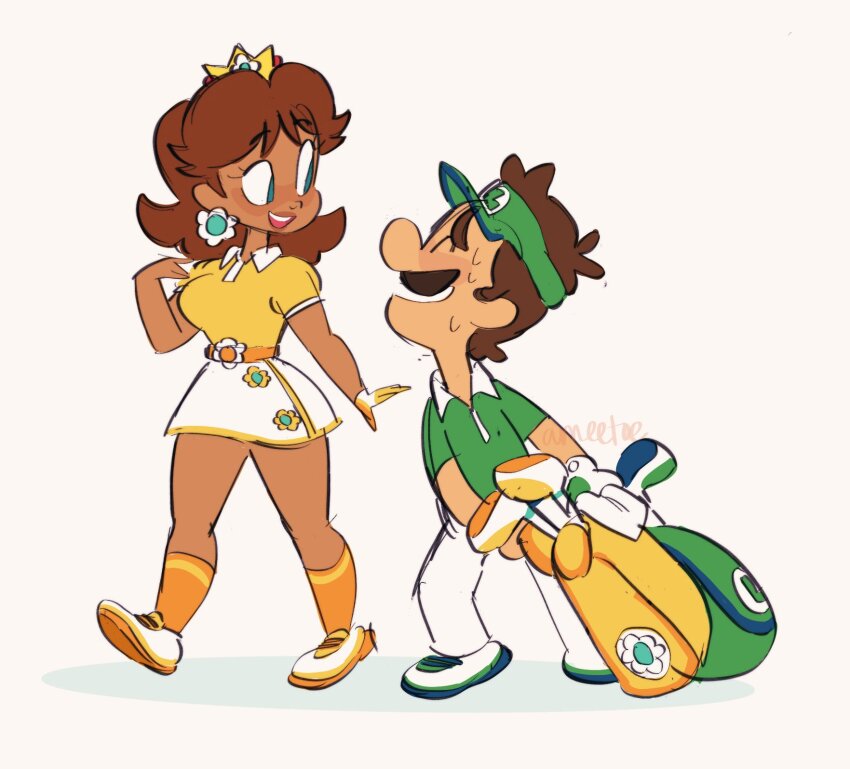 1boy 1girl amie_sanchez artist_name belt blue_eyes brown_hair closed_eyes contrast_collar crown dark-skinned_female dark_skin dragging earrings facial_hair flower-shaped_buckle flower_earrings full_body gloves golf_bag golf_club green_hat green_shirt hat highres jewelry long_hair looking_at_another luigi luigi_(super_rush) mario_(series) mario_golf mario_golf:_super_rush miniskirt mustache nintendo official_alternate_costume open_mouth orange_belt orange_shirt orange_socks pale_skin pants polo_shirt princess princess_daisy princess_daisy_(super_rush) shirt shirt_tucked_in shoes short_hair short_sleeves signature simple_background single_glove skirt smile socks sweat sweatdrop tented_shirt white_background white_gloves white_pants white_shoes white_skirt