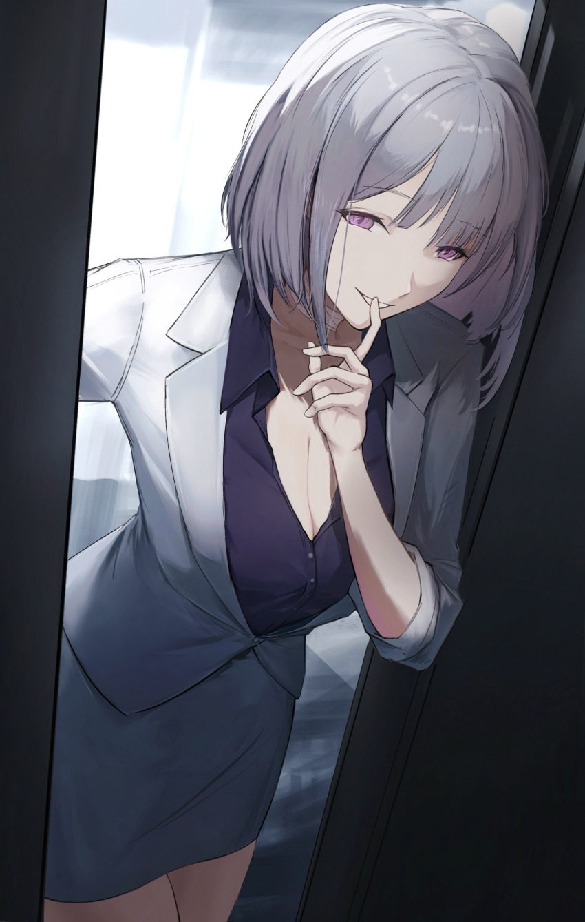 1girl absurdres bandaged_neck bandages blurry blurry_background breasts business_suit cleavage commentary doorway english_commentary feet_out_of_frame finger_to_mouth formal_clothes girls&#039;_frontline grey_hair highres jacket looking_at_viewer medium_breasts medium_hair office official_alternate_costume open_mouth purple_eyes purple_shirt rpk-16_(girls&#039;_frontline) rpk-16_(renate)_(girls&#039;_frontline) shenme_niao_mingzi shirt short_sleeves skirt smile solo standing suit white_jacket white_skirt