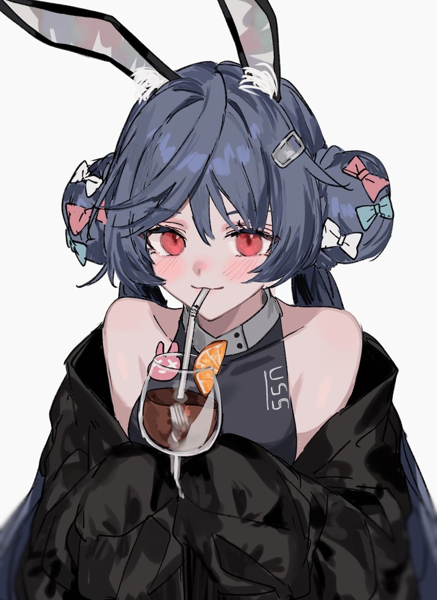 1girl :3 allen_m._sumner_(azur_lane) allen_m._sumner_(charming_rabbit)_(azur_lane) animal_ear_fluff animal_ears aogisa azur_lane bare_shoulders blue_hair blush bomber_jacket bow collarbone cup double_bun drinking drinking_straw drinking_straw_in_mouth eyelashes fake_animal_ears hair_bow hair_bun hair_ornament hairclip highres holding holding_cup jacket leotard light_smile long_sleeves looking_at_viewer off_shoulder official_alternate_costume playboy_bunny rabbit_ears rabbit_girl red_eyes sleeves_past_fingers sleeves_past_wrists solo twintails