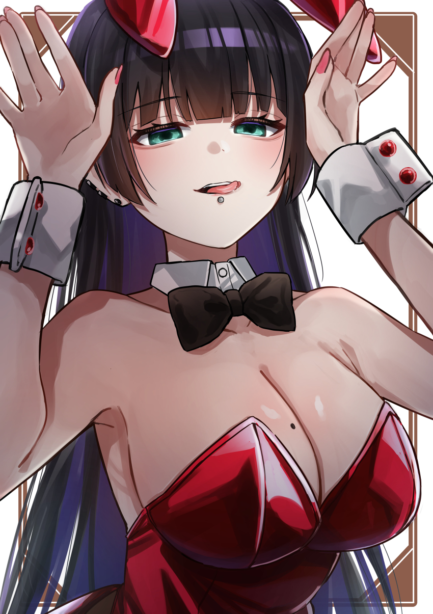 1girl absurdres black_hair blue_eyes bocchi_the_rock! breasts colored_inner_hair commentary detached_collar face_piercing hands_up highres labret_piercing large_breasts leotard long_hair mole mole_on_breast multicolored_hair nail_polish pa-san piercing pink_nails purple_hair red_leotard solo strapless strapless_leotard white_wrist_cuffs wrist_cuffs yozakurayuyu