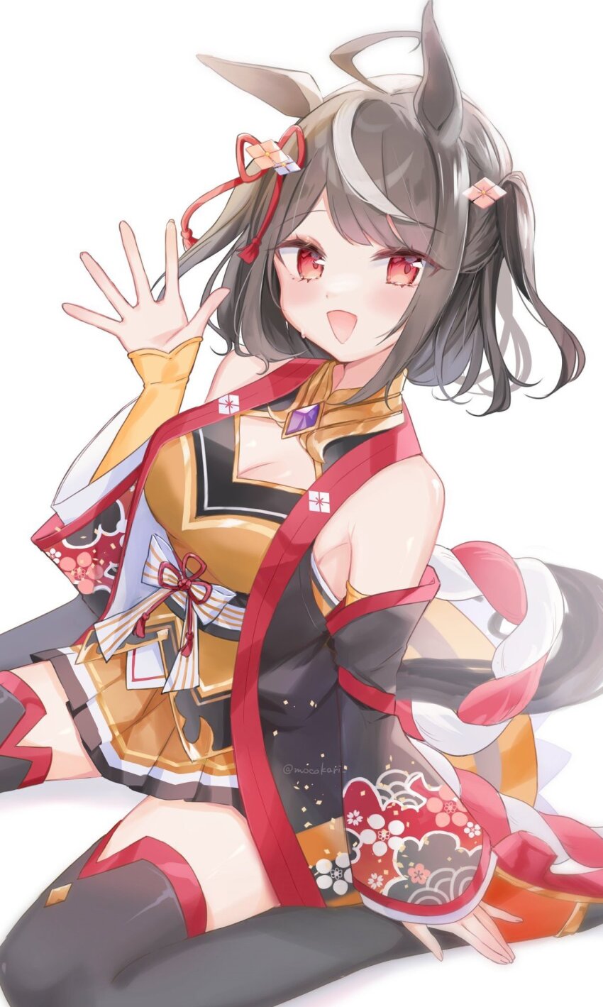 1girl animal_ears bare_shoulders black_hair black_thighhighs character_request detached_sleeves dress hair_ornament highres horse_ears horse_girl moko_(mokochisa) open_mouth orange_sandals red_eyes sandals sitting solo thighhighs umamusume wariza yellow_dress