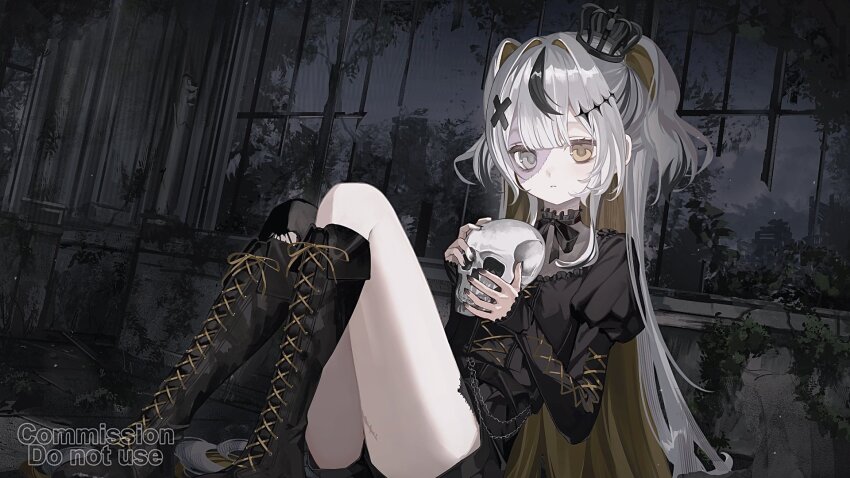 1girl black_boots black_shirt boots closed_mouth commission crown grey_hair heterochromia highres holding holding_skull juliet_sleeves knee_boots knees_up lace-up_boots legs_together long_hair long_sleeves looking_at_viewer mini_crown original puffy_sleeves shirt sho_(sho_oe4) sitting skeb_commission skull solo two_side_up
