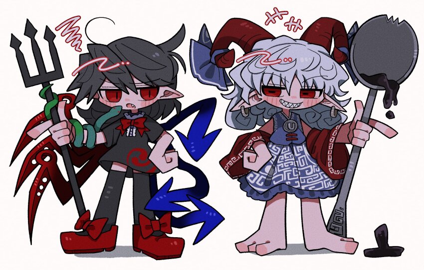 2girls ahoge animal animal_on_arm annoyed asymmetrical_wings barefoot black_dress black_hair black_thighhighs blue_dress blue_ribbon blue_wings blush blush_stickers center_frills coil coiled collar curly_hair detached_sleeves dress earrings eye_print fang fang_out feet frilled_collar frilled_dress frills hair_between_eyes hand_on_own_hip highres holding holding_polearm holding_spoon holding_polearm holding_weapon horizontal_pupils horn_ornament horn_ribbon horns houjuu_nue index_finger_raised jewelry liquid looking_at_another meandros medium_hair messy_hair multiple_girls neck_ribbon open_mouth oversized_object patterned_clothing petroleum pointy_ears polearm print_dress red_eyes red_footwear red_horns red_ribbon red_sleeves red_wings ribbon ribbon_shoes sharp_teeth sheep_girl sheep_horns shoes short_sleeves simple_background slit_pupils smug snake spoon swept_bangs teeth tentacles thighhighs tomoe_(symbol) touhou toutetsu_yuuma trident weapon white_background white_collar white_hair wings zettai_ryouiki zunusama