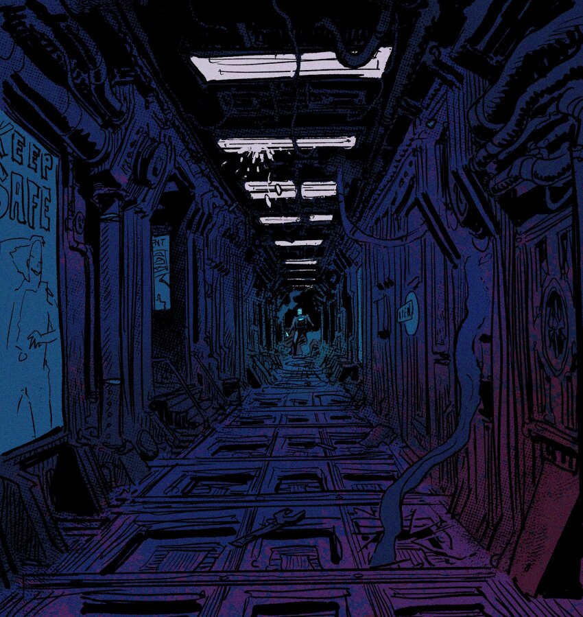 1boy blue_theme commentary dead_space english_commentary hallway hayden_sherman helmet highres indoors isaac_clarke poster_(object) scenery science_fiction solo western_comics_(style) wrench