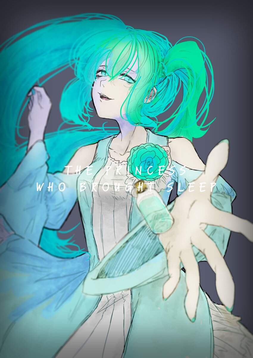 1girl absurdres aqua_dress aqua_eyes aqua_hair aqua_nails bare_shoulders blurry breasts clothing_cutout collarbone depth_of_field dress empty_eyes erifura evillious_nendaiki false_smile fingernails flask floating_hair foreshortening hair_between_eyes hatsune_miku highres long_fingernails long_hair looking_at_viewer margarita_blankenheim medium_breasts nemurase_hime_kara_no_okurimono_(vocaloid) neon_palette offering_hand outstretched_arm outstretched_hand pale_skin poison reaching reaching_towards_viewer shoulder_cutout sidelocks smile solo song_name vocaloid wide_sleeves