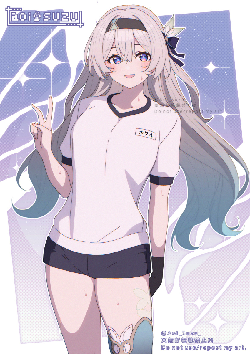 1girl alternate_costume aoi_suzu aqua_hair aqua_thighhighs black_gloves black_hairband black_shorts firefly_(honkai:_star_rail) gloves gradient_hair grey_hair gym_uniform hair_between_eyes hair_ornament hairband hand_up highres honkai:_star_rail honkai_(series) long_hair multicolored_eyes multicolored_hair name_tag open_mouth shirt short_sleeves shorts single_glove single_thighhigh smile solo standing sweat thighhighs v white_shirt