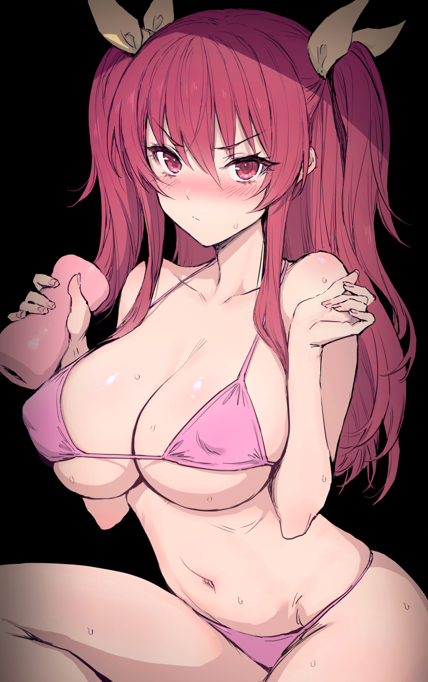 1girl artificial_vagina bikini black_background blush breasts cleavage collarbone covered_erect_nipples dildo hair_between_eyes haoni highres holding holding_sex_toy large_breasts long_hair looking_at_viewer navel pink_bikini rakudai_kishi_no_cavalry red_eyes red_hair sex_toy sidelocks solo stella_vermillion stomach sweat swimsuit thighs two_side_up underboob