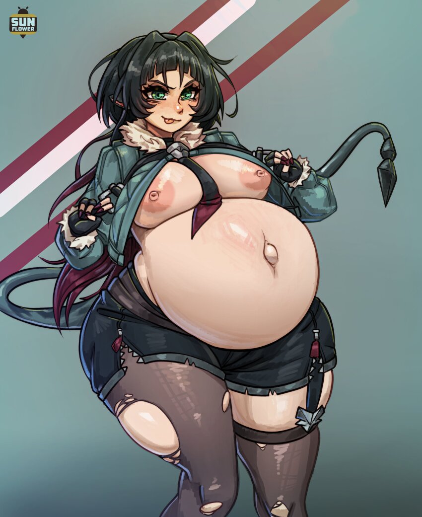 1girl absurdres animal_ears breasts curvy female_focus fingerless_gloves gloves green_eyes highres jane_doe_(zenless_zone_zero) large_breasts long_hair nail_polish navel no_bra pregnant short_hair skindentation solo sunflowerart tail thick_thighs thighs tongue tongue_out torn_clothes wide_hips zenless_zone_zero