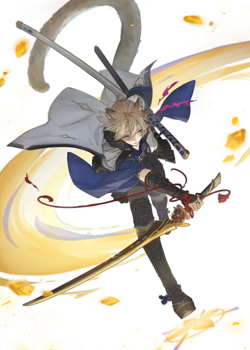 1boy absurdres aji_11300913 albedo_(genshin_impact) animal_ears black_boots black_gloves black_pants blonde_hair blue_eyes boots cat_ears crystal full_body genshin_impact gloves green_sleeves hair_between_eyes highres holding holding_sword holding_weapon jacket looking_to_the_side male_focus pants parted_lips simple_background solo swing sword tail uraku_misugiri_(genshin_impact) weapon white_background white_jacket