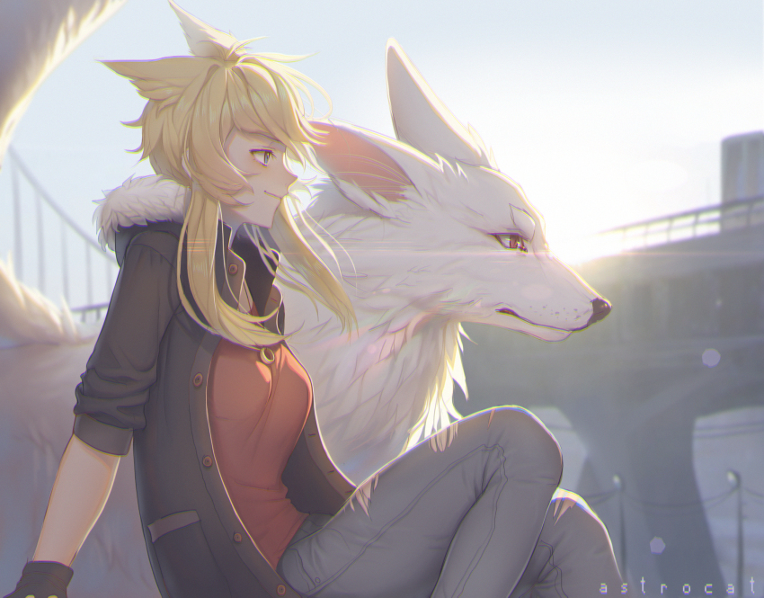 1girl animal_ears artist_name astrocatsama black_gloves black_jacket black_sleeves blonde_hair blue_eyes blue_sky bridge brown_eyes closed_mouth commentary commission day denim english_commentary feet_out_of_frame from_side fur-trimmed_hood fur_trim gloves grey_pants highres hood hood_down hooded_jacket jacket jeans jewelry light_blush long_sleeves necklace original outdoors pants power_lines red_shirt ring ring_necklace shirt short_hair_with_long_locks sky three-quarter_sleeves sleeves_rolled_up smile solo sun torn_clothes torn_jeans torn_pants wolf wolf_ears