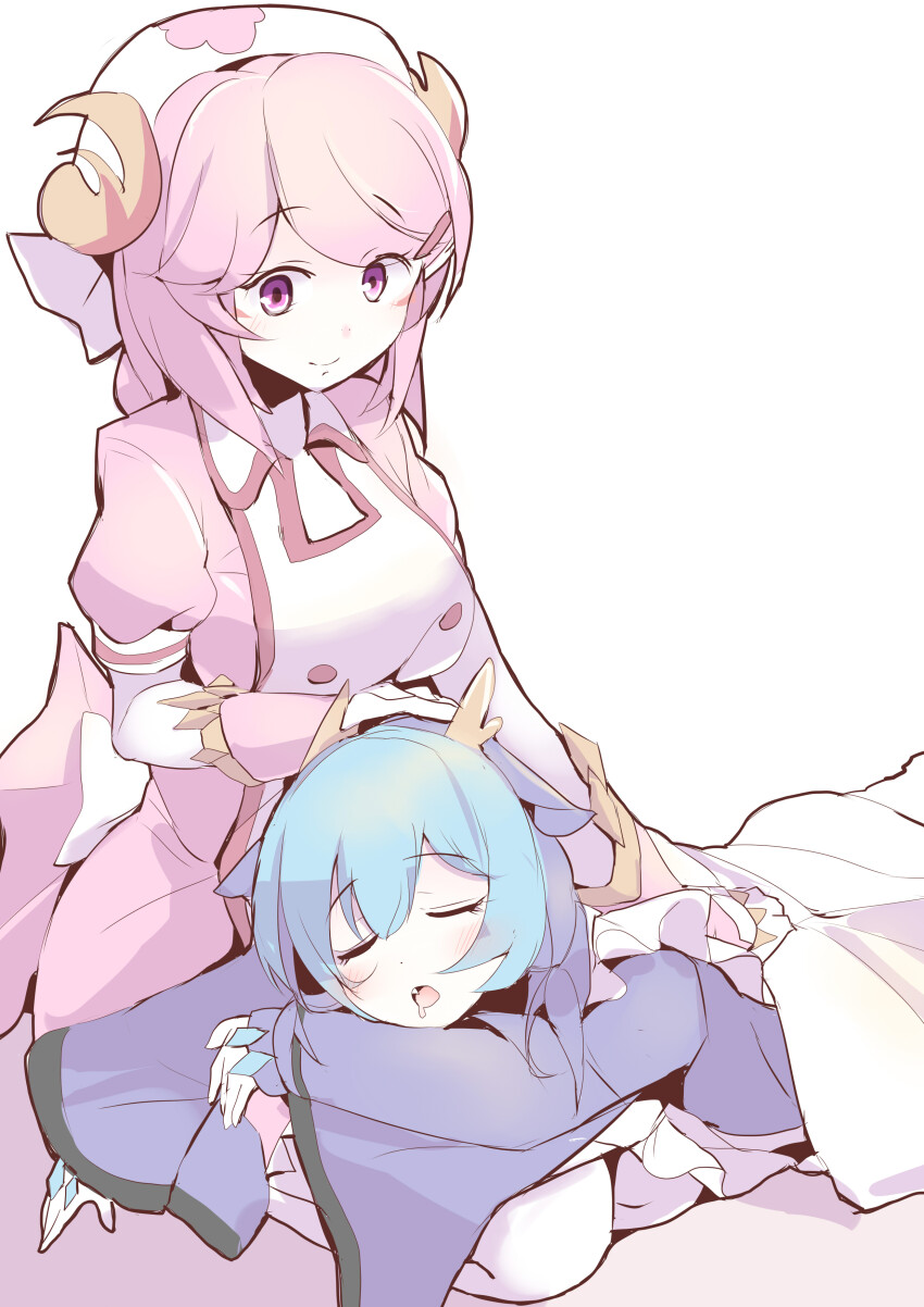 2girls absurdres apron back_bow bed_sheet blue_dress blue_hair blush bow braid breasts closed_eyes dragon_girl dragon_horns dress drooling duel_monster fang hair_between_eyes hair_bow hair_ornament hat highres horns kanzakietc large_breasts laundry_dragonmaid long_hair looking_at_another lying_on_lap maid multiple_girls nurse_cap nurse_dragonmaid open_mouth pink_dress pink_hair puffy_sleeves purple_eyes seiza simple_background sitting sketch tongue under_covers white_background white_bow wide_sleeves yu-gi-oh!