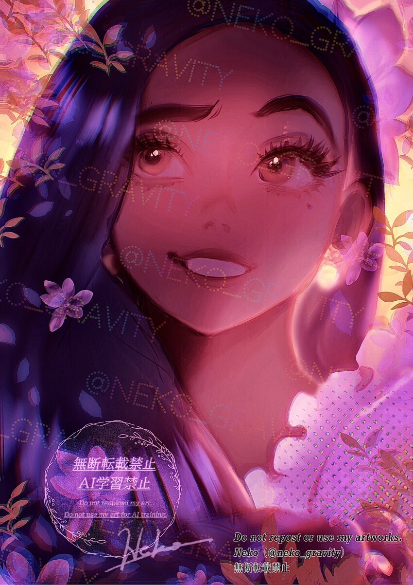 1girl brown_eyes brown_hair dark-skinned_female dark_skin disney dress earrings encanto flower hair_flower hair_ornament highres isabela_madrigal jewelry long_hair mole mole_under_eye nyamunekonabe purple_dress smile solo upper_body