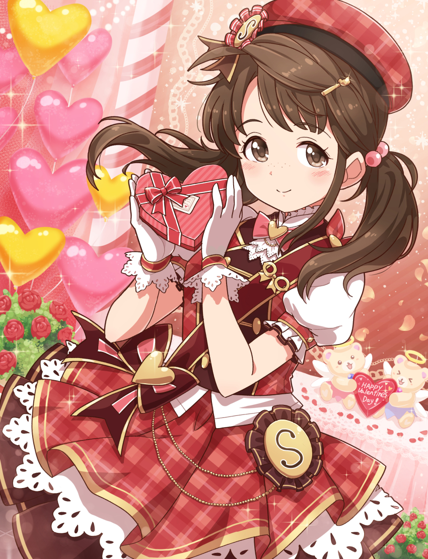 1girl absurdres aopanda balloon blush bow bowtie box breasts brooch brown_bow brown_eyes brown_hair brown_sash closed_mouth dot_nose dress dress_bow flower freckles glint gloves hair_bobbles hair_ornament hairclip halo hands_up happy_valentine hat heart heart-shaped_box heart_balloon heart_brooch highres holding holding_box idolmaster idolmaster_cinderella_girls idolmaster_cinderella_girls_starlight_stage indoors jewelry layered_dress long_hair looking_at_viewer medium_breasts no_eyewear okuyama_saori pink_bow pink_bowtie plaid_clothes plaid_dress plaid_headwear puffy_short_sleeves puffy_sleeves red_dress red_flower red_hat red_rose rose short_sleeves smile solo sparkle stuffed_animal stuffed_toy teddy_bear twintails white_gloves