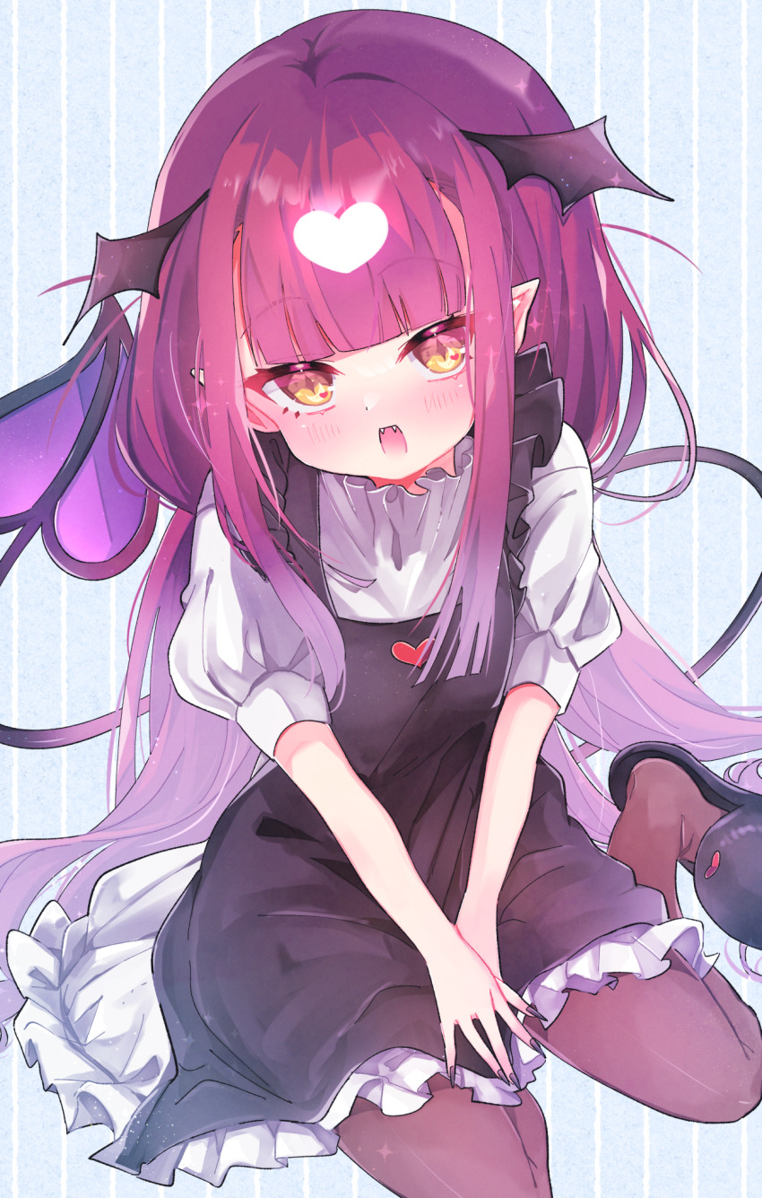 1girl 3_(8315684) alternate_costume bat_wings between_legs black_dress black_nails black_slippers blue_background blush brown_pantyhose child demon_girl demon_tail dot_nose dress eyebrows eyelashes fangs female_focus fingernails frilled_dress frills from_above full_body hand_between_legs head_wings highres long_fingernails long_hair looking_at_viewer looking_up maou-jou_de_oyasumi nail_polish open_mouth pantyhose pointy_ears purple_hair sharp_fingernails shirt short_sleeves simple_background sitting sleeveless sleeveless_dress slippers solo succyun tail two-tone_dress very_long_hair wariza white_dress white_shirt wings