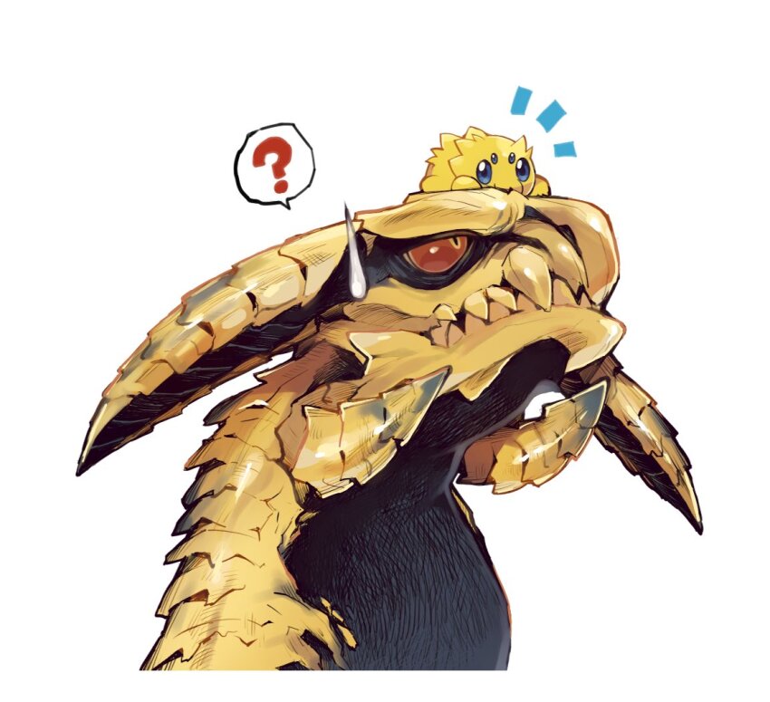 ? animal animal_on_head blue_eyes bug chinese_commentary colored_sclera commentary_request cropped_shoulders crossover dragon extra_eyes gen_5_pokemon horns ikuchi_osutega joltik looking_at_another looking_up monster monster_focus monster_hunter_(series) monster_hunter_wilds nintendo no_humans notice_lines on_head pokemon pokemon_(creature) red_sclera rey_dau simple_background speech_bubble spider spoken_question_mark sweatdrop white_background wyvern yellow_fur yellow_scales