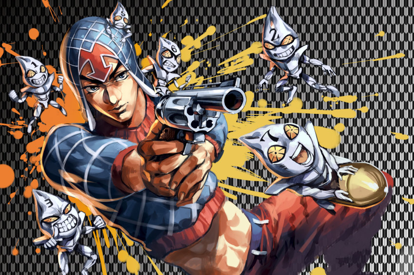 1boy blue_eyes bullet clenched_hands clenched_teeth crop_top finger_on_trigger foreshortening grin guido_mista gun handgun hat jojo_no_kimyou_na_bouken male_focus manly midriff open_mouth revolver ruukii_drift sex_pistols sex_pistols_(stand) smile stand_(jojo) teeth vento_aureo weapon