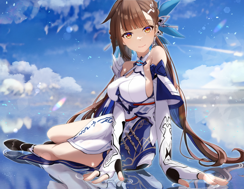 1girl absurdres arm_support bare_shoulders black_footwear blue_sky breasts brown_hair closed_mouth cloud day dress fingerless_gloves gloves hair_ornament highres honkai_(series) honkai_impact_3rd large_breasts li_sushang li_sushang_(jade_knight) long_hair looking_at_viewer noctelle outdoors sky solo