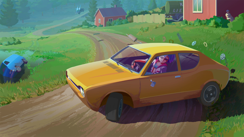 1girl alternate_costume antinoya black_gloves blue_hair car cirno closed_mouth commentary dirt_road drifting driving english_commentary fence fingerless_gloves full_body gloves grass highres house jacket motor_vehicle my_summer_car outdoors pond road short_hair smile solo sunglasses touhou tree van white_jacket wooden_fence yellow_car