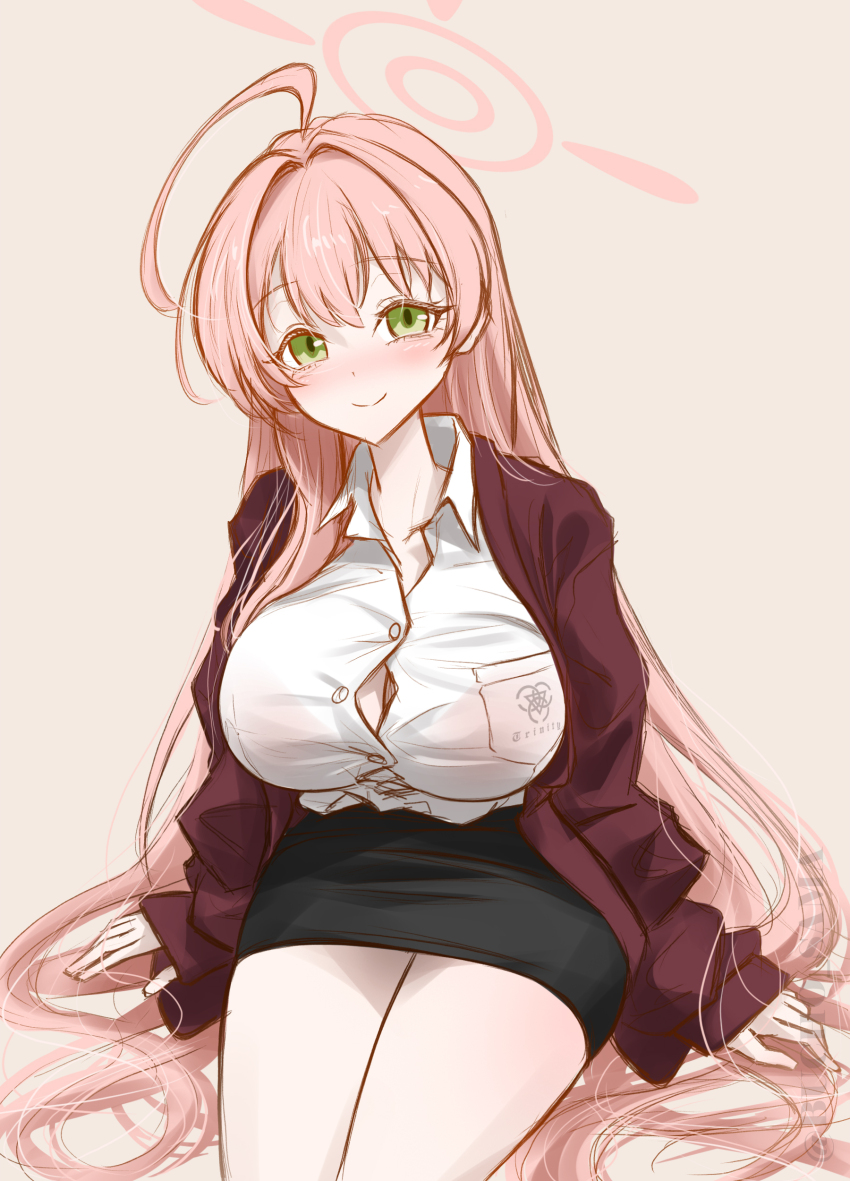1girl absurdres ahoge alternate_breast_size arm_support black_skirt blonde_hair blue_archive blush bra bra_visible_through_clothes breasts bucho_sama button_gap cardigan commentary english_commentary gradient_hair green_eyes hair_spread_out halo hanako_(blue_archive) highres huge_ahoge huge_breasts long_hair long_sleeves looking_at_viewer miniskirt multicolored_hair open_collar pencil_skirt pink_hair red_bra red_cardigan school_uniform shirt shirt_tucked_in sitting skirt smile solo straight_hair thighs twitter_username underwear very_long_hair white_shirt