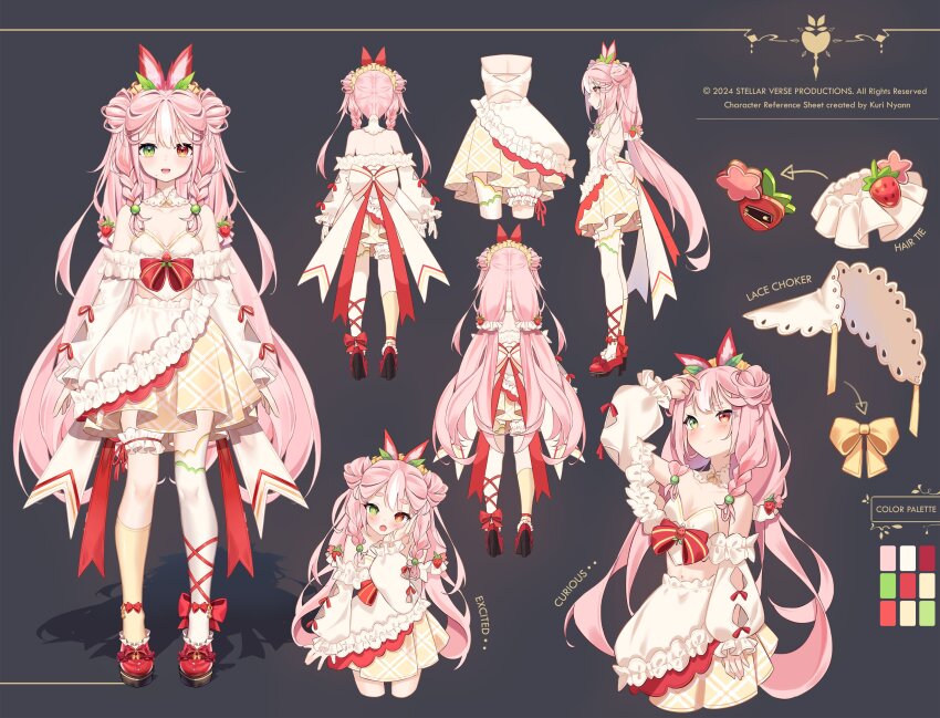 1girl :d absurdres animal_ears artist_name asymmetrical_legwear back_bow black_background blush bow braid reference_sheet choker color_guide commentary copyright_notice detached_sleeves english_text footwear_bow full_body green_eyes hair_tie heterochromia highres kuri_(animejpholic) lace lace_choker long_sleeves multiple_views official_art open_mouth orange_eyes pink_hair red_footwear second-party_source short_eyebrows single_thighhigh skirt smile socks standing stellarversepro teeth thighhighs tongue upper_teeth_only usachi_yui virtual_youtuber white_skirt white_thighhighs yellow_socks