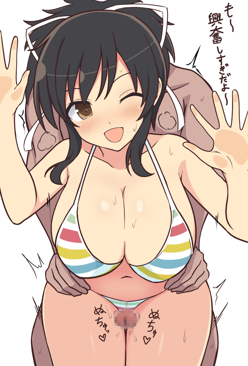 1boy against_wall asuka_(senran_kagura) bikini breasts brown_eyes brown_hair censored cleavage clothed_female_nude_male erection from_behind frottage grabbing_from_behind hair_ribbon hetero highres large_breasts manjou_(q_tiwj) mosaic_censoring multicolored_bikini multicolored_stripes navel nude one_eye_closed open_mouth penis ponytail precum pussy rainbow_bikini ribbon senran_kagura short_ponytail smile solo_focus striped_bikini striped_clothes sweat swimsuit thigh_sex thighs translated visible_air white_ribbon