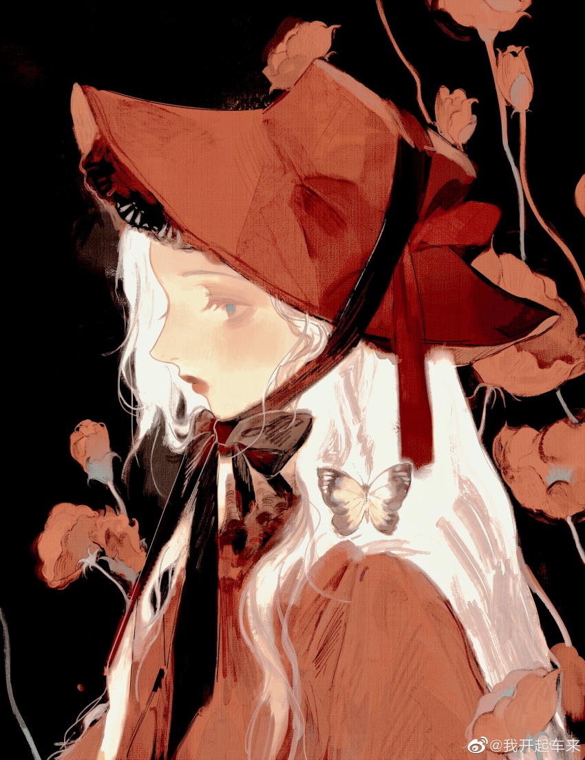 1girl absurdres black_background black_bow black_bowtie blue_eyes bonnet bow bowtie bug butterfly capelet check_copyright closed_mouth copyright_request expressionless eyelashes flower frilled_headwear from_side hat hat_bow highres insect light_blush lipstick long_hair makeup nostrils original pointy_nose poppy_(flower) red_bonnet red_bow red_capelet red_flower red_lips sidelocks solo upper_body watermark wavy_hair weibo_watermark white_hair wo_kaiqi_chelai yellow_butterfly