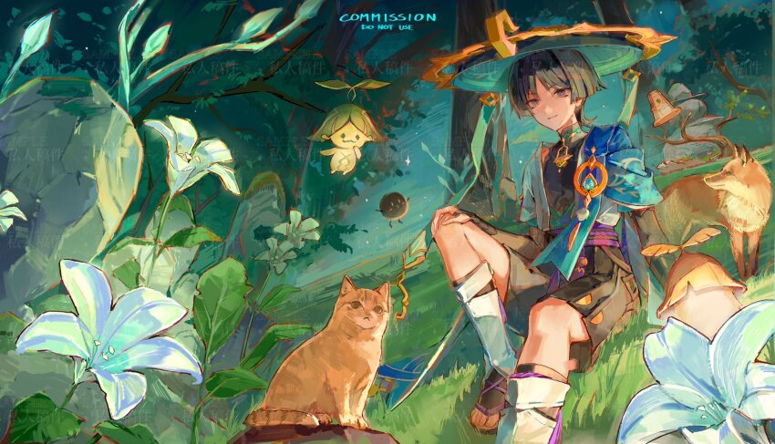 1boy anemo_symbol_(genshin_impact) aqua_gemstone aqua_kimono aqua_sleeves aranara_(genshin_impact) arm_at_side arm_support belt black_belt black_bodysuit black_hair black_leggings black_sand black_shorts blue_cape blue_flower blue_hat blunt_ends bodysuit bush canopy_(forest) cape closed_mouth commission creature diffraction_spikes eyeliner eyeshadow feathers flower forest fox genshin_impact gold green_flower hakama hakama_shorts han&#039;eri hand_on_own_knee hat highres japanese_clothes jingasa kimono knee_up layered_kimono layered_sleeves leaf leg_warmers leggings lic_617 log looking_at_viewer makeup male_focus mandarin_collar nature open_clothes open_kimono orange_cat outdoors pleated_shorts pom_pom_(clothes) purple_eyes purple_rope purple_sash red_eyeliner red_eyeshadow rock rope sandals sash scaramouche_(genshin_impact) short_sleeves shorts shoulder_peek sitting smile tassel toeless_legwear tree tsurime vision_(genshin_impact) wanderer_(genshin_impact) watermark white_flower white_kimono white_leg_warmers white_sleeves white_trim yellow_feathers zouri