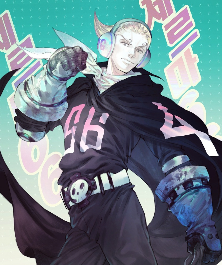 1boy arm_up black_cape black_shirt blonde_hair cape clenched_hands closed_mouth cowboy_shot curly_eyebrows elbow_gloves ghen2212 gloves green_background headphones highres korean_text looking_at_viewer neckerchief numbered one_piece shirt short_hair skull vinsmoke_yonji