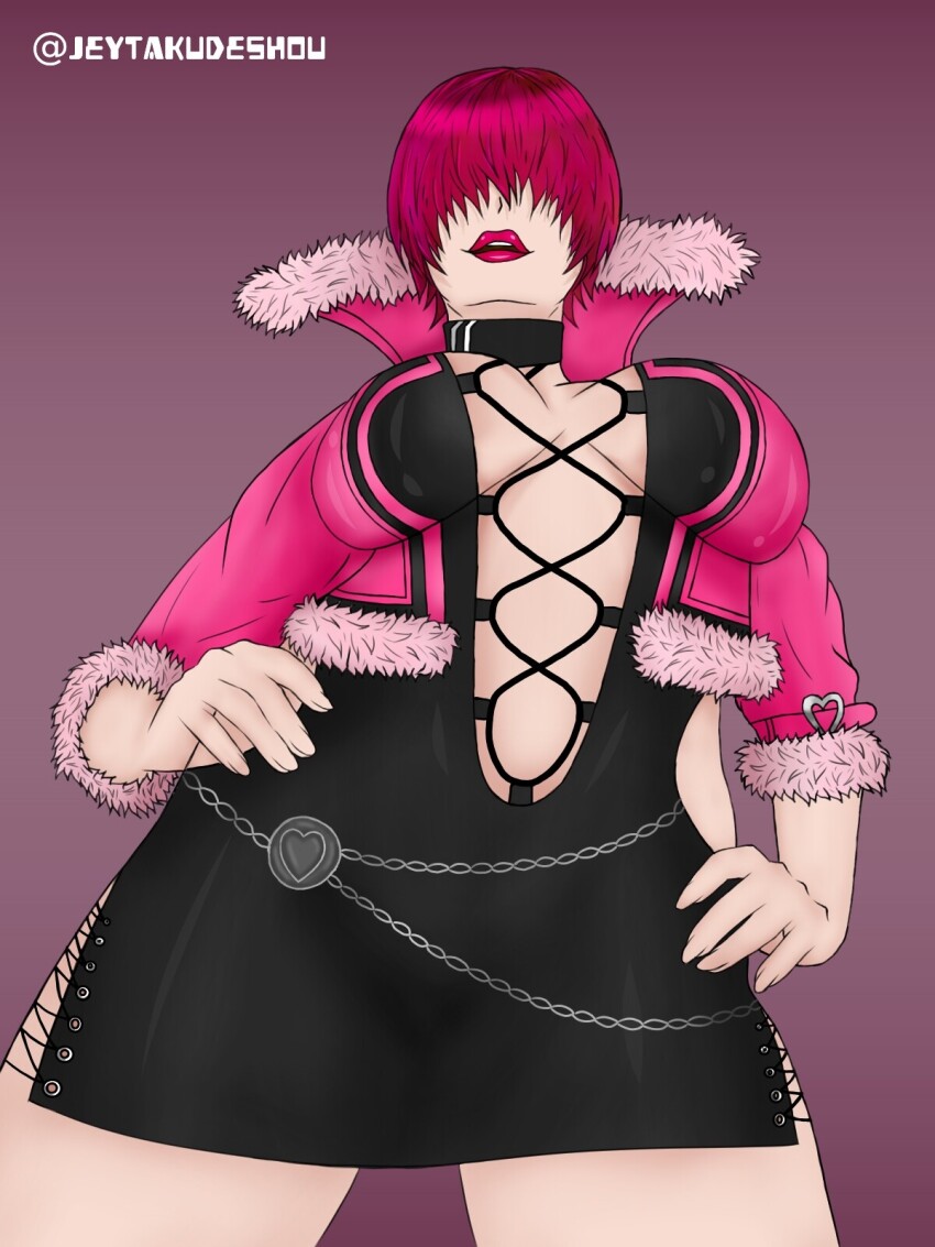 1girl breasts cleavage cleavage_cutout clothing_cutout dress female_focus fishnets hand_on_own_hip heart highres jacket jeytakudeshou large_breasts long_hair no_bra ponytail red_hair shermie_(kof) skirt snk standing the_king_of_fighters thick_lips thighs