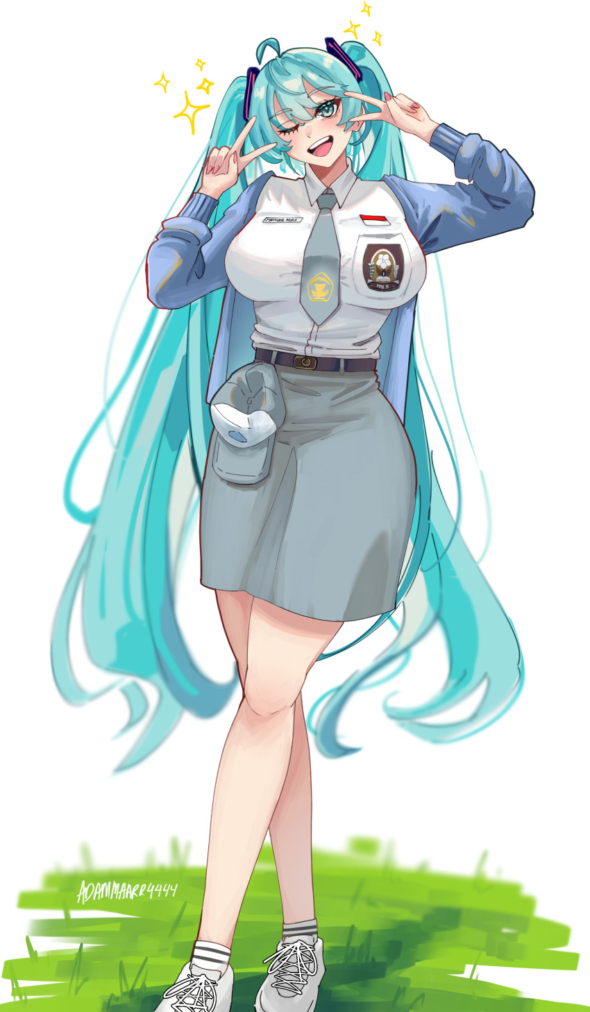 1girl :d absurdres adammaarr ahoge alternate_breast_size aqua_eyes aqua_hair blue_jacket breasts commentary double_v dress_shirt english_commentary hat hatsune_miku highres impossible_clothes impossible_shirt indonesia indonesian_high_school_uniform jacket large_breasts long_hair necktie one_eye_closed open_mouth pencil_skirt school_uniform shirt simple_background skirt smile solo sparkle twintails unworn_hat unworn_headwear v very_long_hair vocaloid white_background worldwide_miku