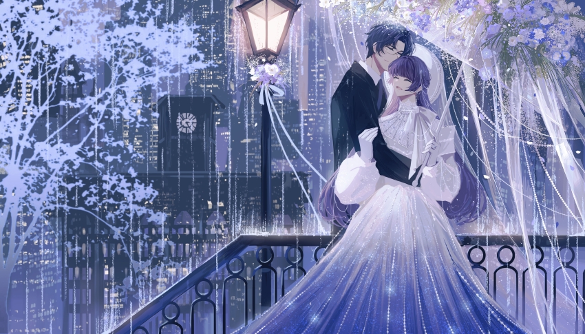 1boy 1girl :d ^_^ absurdres analog_clock beads black_jacket blue_dress blue_flower blue_hair blue_necktie blunt_bangs building city clarence_clayden clock closed_eyes closed_mouth collared_shirt couple curtained_hair dark_blue_hair dress ear_chain facing_another falling_petals feet_out_of_frame flower glasses gloves gradient_clothes gradient_dress hair_beads hair_ornament hand_on_another&#039;s_arm hat heroine_(lovebrush_chronicles) hetero highres holding holding_umbrella hug jacket lace lamppost linked_piercing long_dress long_hair long_sleeves lovebrush_chronicles neck_ribbon necktie open_mouth outdoors parted_bangs petals puffy_long_sleeves puffy_sleeves purple_flower purple_hair railing rain ribbon shared_umbrella shirt short_hair skyscraper smile snow234 standing transparent transparent_umbrella tree umbrella umbrella_flower veil white_dress white_flower white_gloves white_hat white_ribbon white_shirt white_umbrella white_veil