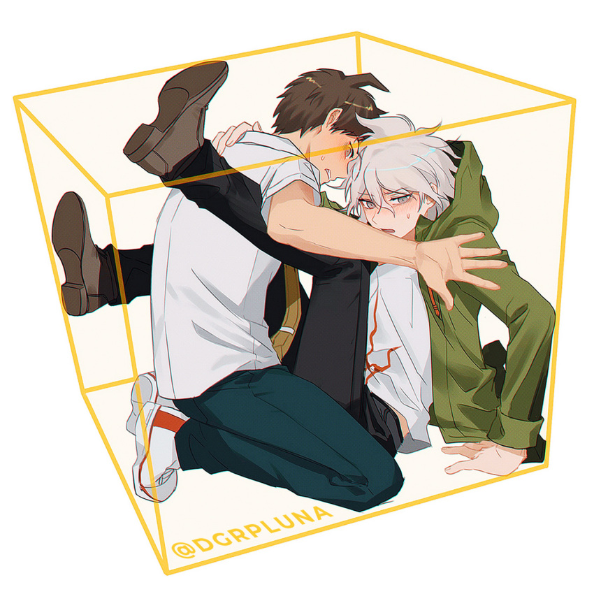 2boys ahoge artist_name boleum_(dgrpluna) box brown_footwear brown_hair danganronpa_(series) danganronpa_2:_goodbye_despair green_jacket green_pants grey_eyes grey_hair highres hinata_hajime hood hood_down hood_up hooded_jacket jacket komaeda_nagito long_sleeves male_focus multiple_boys necktie pants print_shirt shirt short_hair short_sleeves sweatdrop tie_clip white_background white_shirt