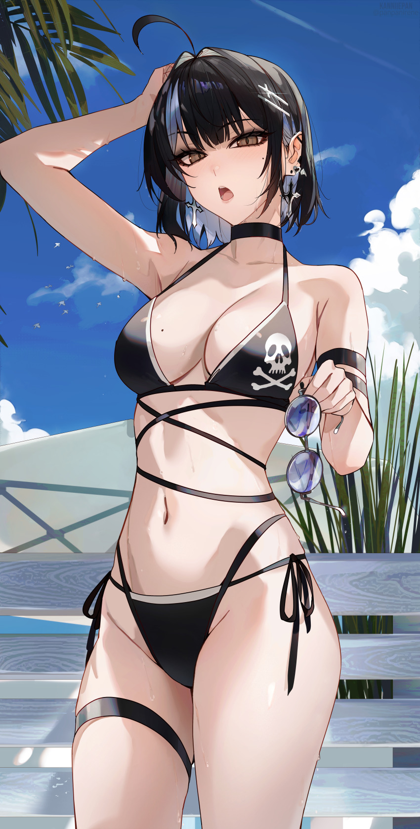 1girl absurdres ahoge bikini black_bikini black_hair blue-tinted_eyewear blue_hair blue_sky breasts cloud collarbone commentary_request cross cross_earrings cross_hair_ornament day earrings hair_ornament highres holding holding_removed_eyewear irene_(kanniiepan) jewelry kanniiepan looking_at_viewer medium_breasts mole mole_under_eye multicolored_hair navel open_mouth original outdoors round_eyewear side-tie_bikini_bottom skull_and_crossbones sky solo standing summer sunglasses swimsuit thighs tinted_eyewear two-tone_hair unworn_eyewear wet