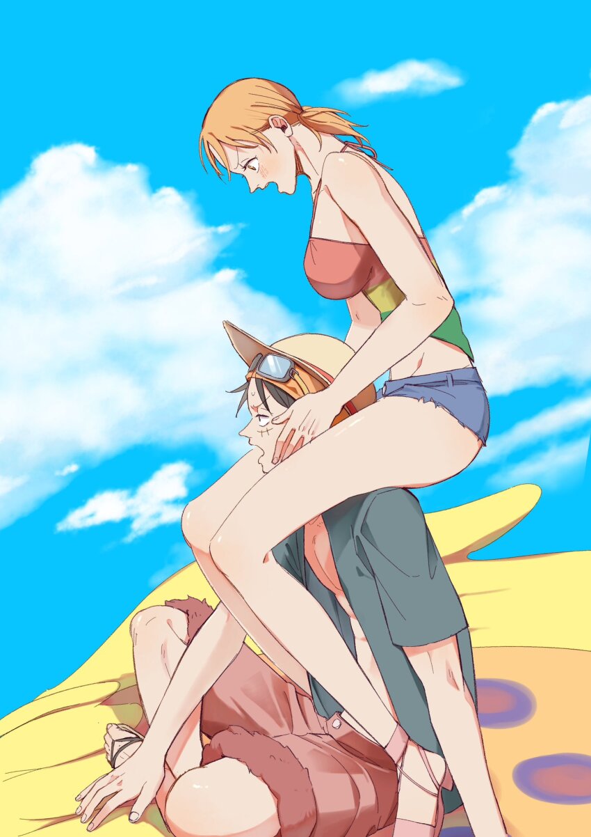 1boy 1girl bare_arms bare_legs bare_shoulders billy_(one_piece) bird black_hair blue_shorts blue_sky blush breasts carrying cloud cloudy_sky crop_top d_e_r_e_l facial_scar from_side goggles goggles_on_headwear halterneck hand_on_another&#039;s_cheek hand_on_another&#039;s_face hat highres large_breasts legs low_twintails midriff monkey_d._luffy nami_(one_piece) official_alternate_costume official_alternate_hairstyle one_piece one_piece:_strong_world open_clothes open_mouth open_shirt orange_hair outdoors profile red_shorts sandals scar scar_on_cheek scar_on_face short_hair short_shorts shorts shoulder_carry sitting sitting_on_person sky straw_hat thighs twintails