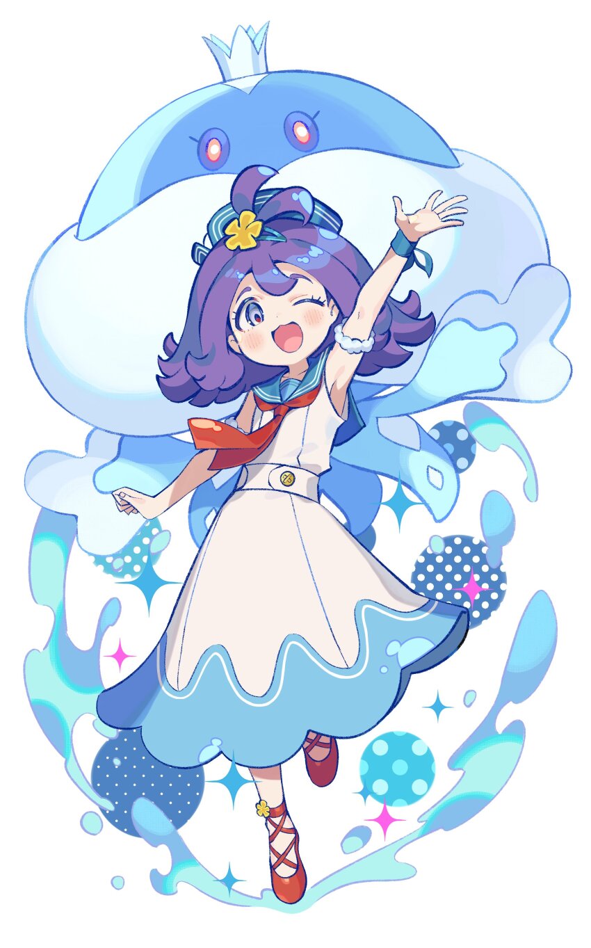 1girl 1other ;d absurdres acerola_(pokemon) acerola_(summer_2024)_(pokemon) arm_up armlet armpits blue_dress blue_sailor_collar blush circle commentary dot_nose dress flipped_hair full_body gen_5_pokemon hair_ornament hairclip hand_up hat highres iroyopon jellicent jellicent_(male) jewelry long_dress looking_at_viewer medium_hair neckerchief nintendo official_alternate_costume one_eye_closed open_mouth pokemon pokemon_(creature) pokemon_masters_ex purple_hair red_footwear red_neckerchief ribbon sailor_collar sailor_hat sleeveless sleeveless_dress smile solo sparkle standing standing_on_one_leg tiptoes topknot two-tone_dress water white_background white_dress wrist_bow