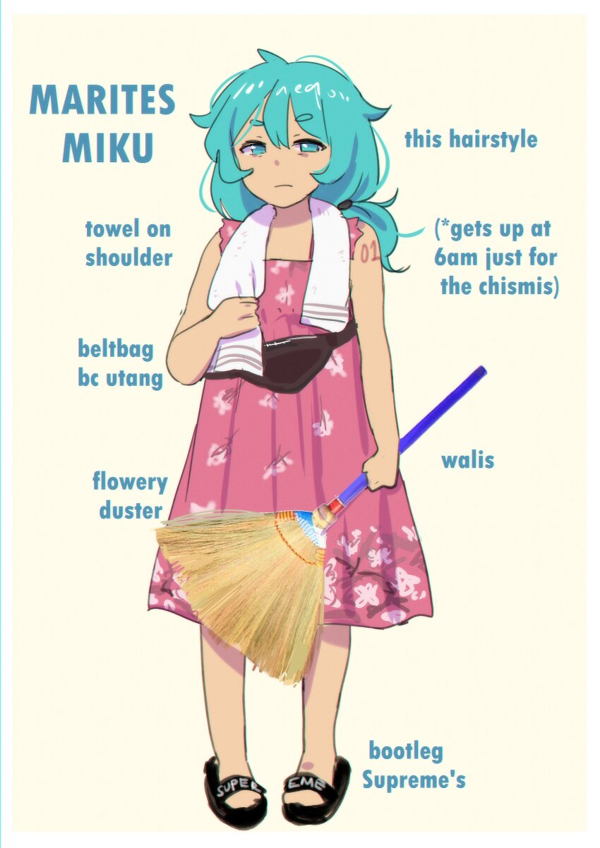 1girl absurdres alternate_hairstyle belt_bag blue_eyes blue_hair broom dress english_text fluffy_hair hatsune_miku hatsune_miku_(filipino) highres holding holding_broom neqo_(neneneqo) philippines red_dress sandals simple_background sleeveless sleeveless_dress supreme_(brand) towel towel_around_neck vocaloid worldwide_miku yellow_background
