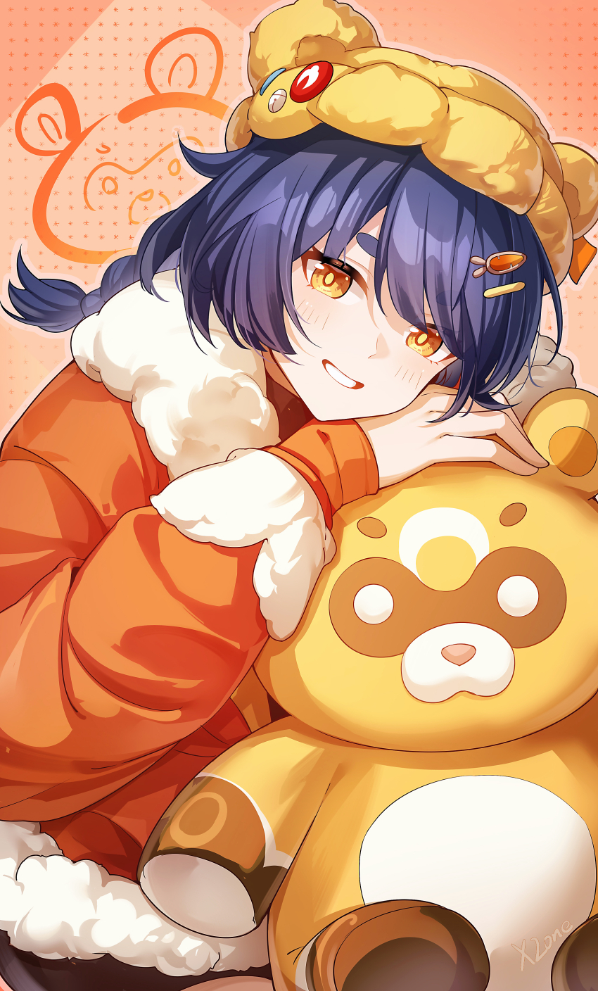 1girl absurdres blue_hair blush braid carrot_hair_ornament coat food-themed_hair_ornament fur-trimmed_coat fur_trim genshin_impact grin guoba_(genshin_impact) hair_ornament hamilundenongdizhe hat highres long_sleeves orange_coat short_hair smile solo stuffed_animal stuffed_toy teddy_bear xiangling_(genshin_impact) xiangling_(new_year&#039;s_cheer)_(genshin_impact) yellow_eyes yellow_hat
