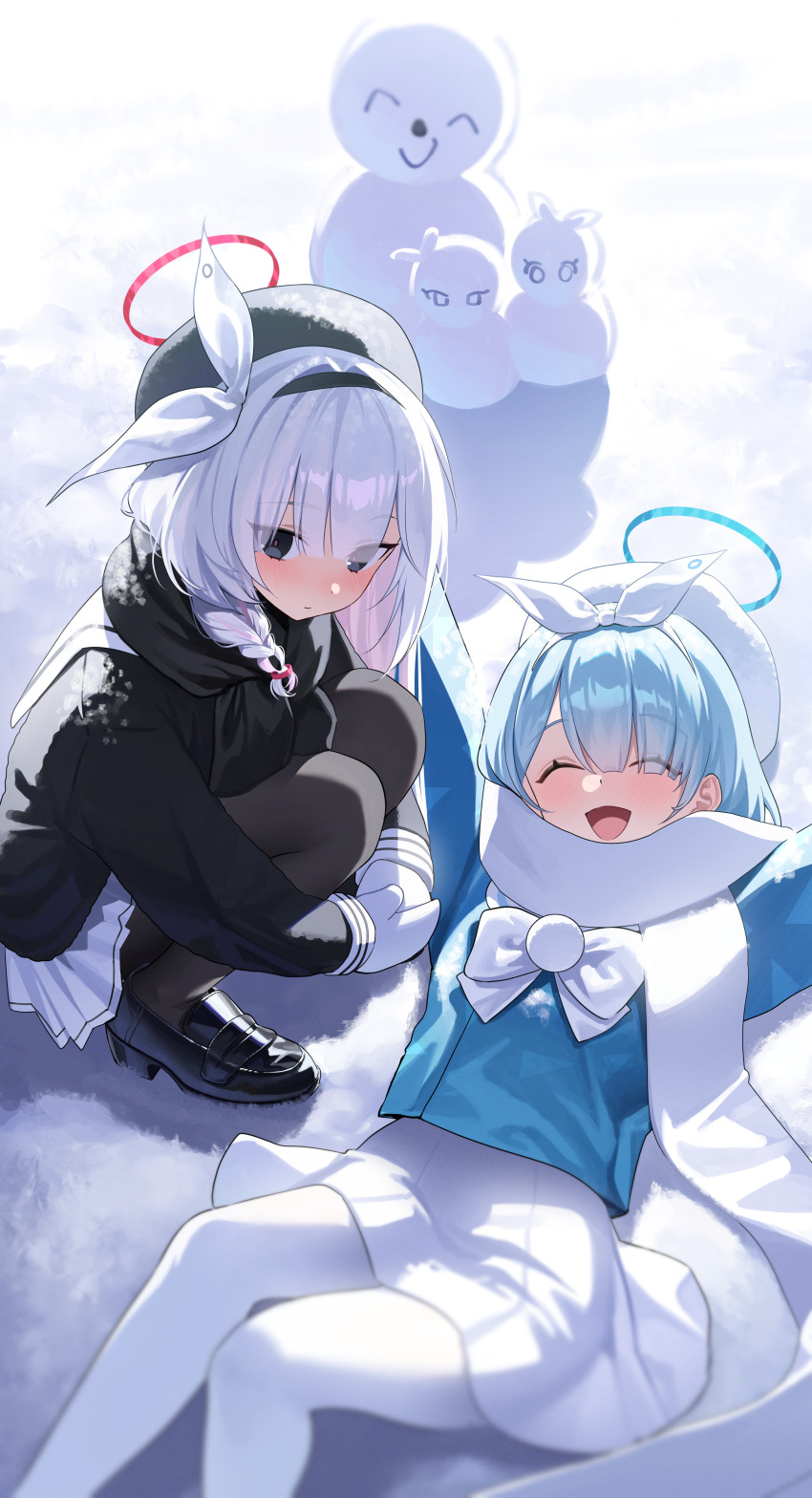 1girl 2girls absurdres arona_(blue_archive) ayoni_623 beret black_hairband black_hat black_pantyhose black_scarf black_shirt black_shoes blue_archive blue_hair blue_halo blue_shirt blunt_bangs bowtie braid closed_eyes gloves hair_ribbon hairband halo hat highres jacket loafers long_hair long_sleeves lying mittens multiple_girls on_back open_mouth outdoors pantyhose plana_(blue_archive) pleated_skirt red_halo ribbon scarf shirt shoes single_braid skirt smile snow snowman squatting white_bow white_bowtie white_hair white_hat white_mittens white_pantyhose white_ribbon white_scarf white_skirt winter