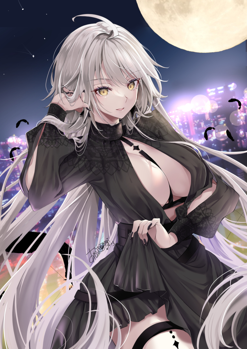 1girl ahoge akatsuki_hijiri black_dress breasts cityscape cleavage dress fate/grand_order fate_(series) full_moon grey_hair highres jeanne_d&#039;arc_alter_(fate) jeanne_d&#039;arc_alter_(flames_of_applause)_(fate) large_breasts long_hair long_sleeves looking_at_viewer moon night night_sky sky smile solo very_long_hair yellow_eyes