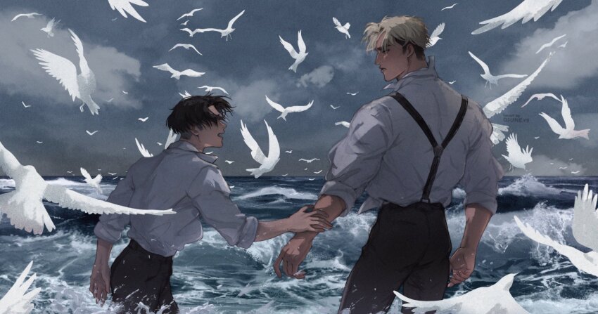 2boys bird black_pants black_suspenders blonde_hair blue_eyes brown_hair cloud commentary couple djuney9 dress_shirt erwin_smith hair_over_eyes hand_on_another&#039;s_arm hand_up hashtag-only_commentary highres in_water levi_(shingeki_no_kyojin) looking_at_another male_focus multiple_boys ocean open_mouth pants parted_lips reaching reaching_towards_another shingeki_no_kyojin shirt shirt_tucked_in sky sleeves_rolled_up stormy_waters suspenders twitter_username water wet wet_clothes white_bird white_shirt wrist_cuffs yaoi