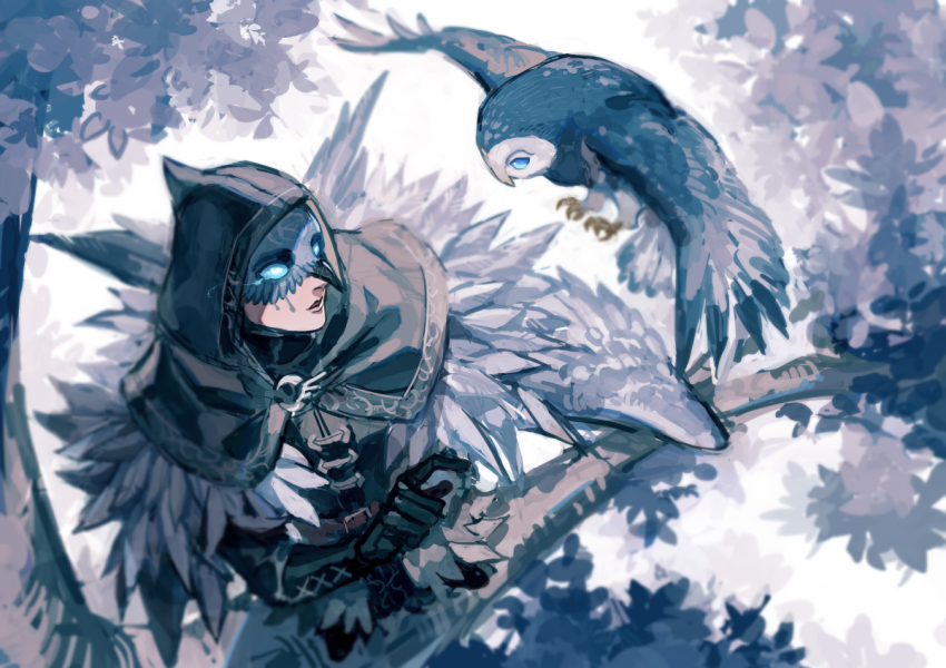 1boy animal azaya_(kuroi_azaya) bird bird_mask blue_eyes branch capelet eli_clark eli_clark_(night_owl) gloves hood hooded_capelet identity_v looking_at_animal male_focus mask outdoors owl parted_lips solo