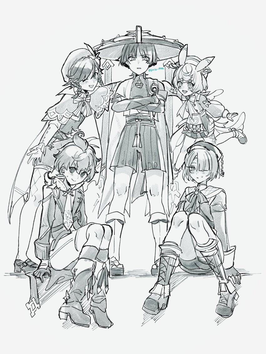 1girl 4boys :&gt; ahoge apron arm_around_shoulder arm_at_side arm_support armor arms_at_sides belt beret blunt_bangs blunt_ends blush boots bow bowtie braid braided_sidelocks bridal_gauntlets capele capelet crossed_arms crossed_bangs earrings eyelashes feathers flower freminet_(genshin_impact) frilled_sleeves frills full_body furisode gem genshin_impact glaring gloves gnsn_tera greyscale hair_over_one_eye hakama hakama_shorts hand_on_own_arm hat hat_flower heart heart_print height_difference highres hood hooded_jacket jacket japanese_armor japanese_clothes jewelry jingasa kimono knees_together_feet_apart knees_up kote lace-up_boots lapels large_bow leaning_on_person leg_warmers long_sleeves looking_at_viewer mika_(genshin_impact) monochrome multiple_boys necktie nervous_smile nervous_sweating nurse_cap one_eye_closed open_clothes open_hand open_kimono outstretched_arms parted_bangs parted_lips partially_shaded_face pleated_shorts rope sailor_collar sailor_hat sandals sash scaramouche_(genshin_impact) sea_slug_ears shoes short_hair short_twintails shorts sigewinne_(genshin_impact) sitting smile socks standing sweat sweatdrop tareme tassel thighhighs tsurime twin_braids twintails twitter_username venti_(genshin_impact) vest vision_(genshin_impact) wanderer_(genshin_impact) wings zouri