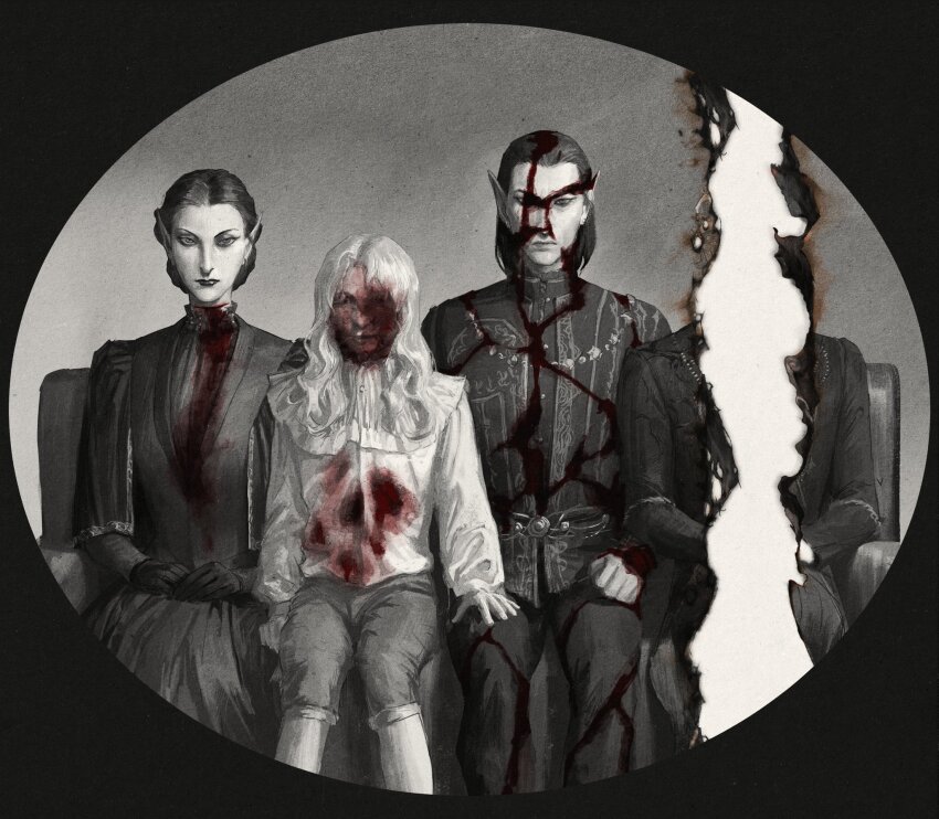 1girl 1other 2boys amanita_szarr baldur&#039;s_gate baldur&#039;s_gate_3 black_border blood blood_in_hair blood_on_clothes blood_on_face boots border burnt capelet cazador_szarr child collared_jacket commentary couch covered_face elf english_commentary expressionless family_portrait feet_out_of_frame frilled_shirt_collar frills gloves greyscale hand_on_another&#039;s_thigh highres horror_(theme) jacket knee_boots long_sleeves looking_at_viewer medium_hair monochrome multiple_boys on_couch pants photo_(object) pointy_ears round_border short_hair sitting smile spot_color the_old_crane vampire vellioth wavy_hair