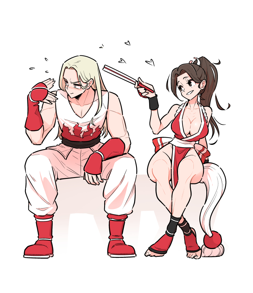 1boy 1girl 2023 absurdres andy_bogard arm_support bare_legs bare_shoulders belt black_belt blonde_hair blush bow breasts brown_hair cleavage collarbone commentary crossed_legs dougi dress elbow_rest embarrassed fanning_self fatal_fury feet flame_print full_body gloves groin hair_slicked_back hand_fan heart highres holding holding_fan japanese_clothes karate_gi large_breasts legs_apart long_hair looking_to_the_side lywslanket muscular muscular_arms muscular_male ninja orange_eyes pants parted_bangs pelvic_curtain ponytail red_dress red_footwear red_gloves revealing_clothes rope shiranui_mai shirt simple_bird sitting snk stirrup_footwear straight_hair tareme the_king_of_fighters thighs toes two-tone_gloves white_pants white_shirt wrist_guards yellow_eyes