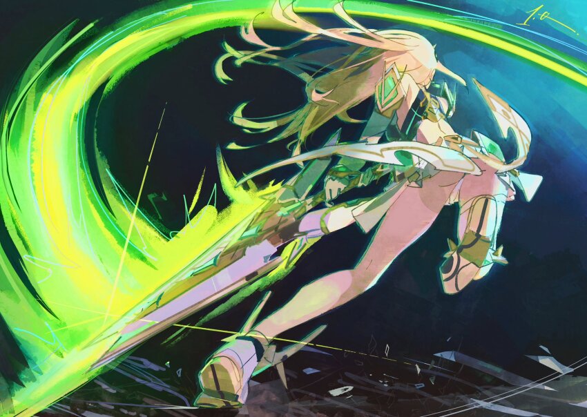 1girl ass blonde_hair dark_background energy_sword from_behind full_body highres holding holding_sword holding_weapon long_hair mythra_(xenoblade) onepointzero revealing_clothes solo swinging sword weapon white_footwear xenoblade_chronicles_(series) xenoblade_chronicles_2