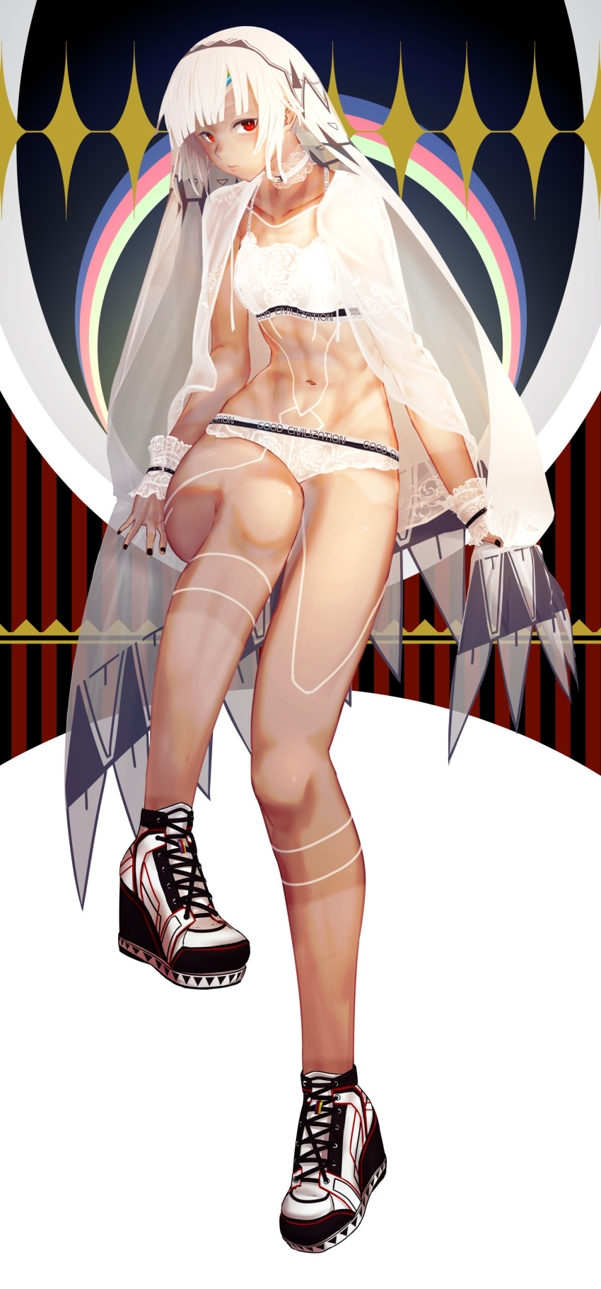 1girl absurdres altera_(fate) black_nails blunt_bangs bra choker dark-skinned_female dark_skin fate/grand_order fate_(series) female_focus full-body_tattoo highres i-pan looking_at_viewer nail_polish navel panties red_eyes short_hair solo tattoo underwear veil white_bra white_hair white_panties wrist_cuffs